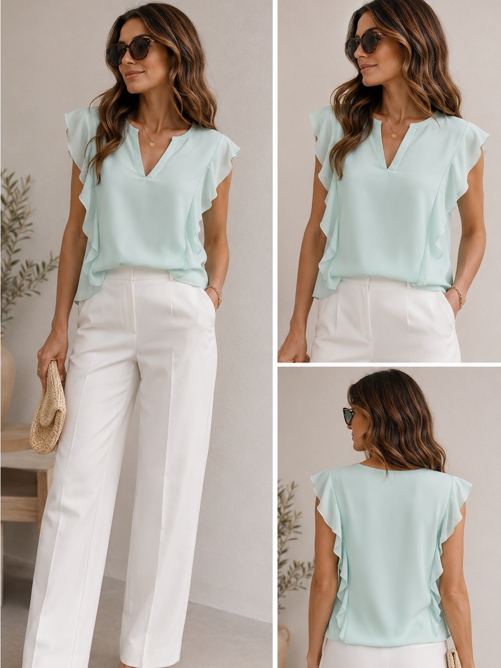 Zara Light Aqua Ruffle Sleeve V-Neck Blouse